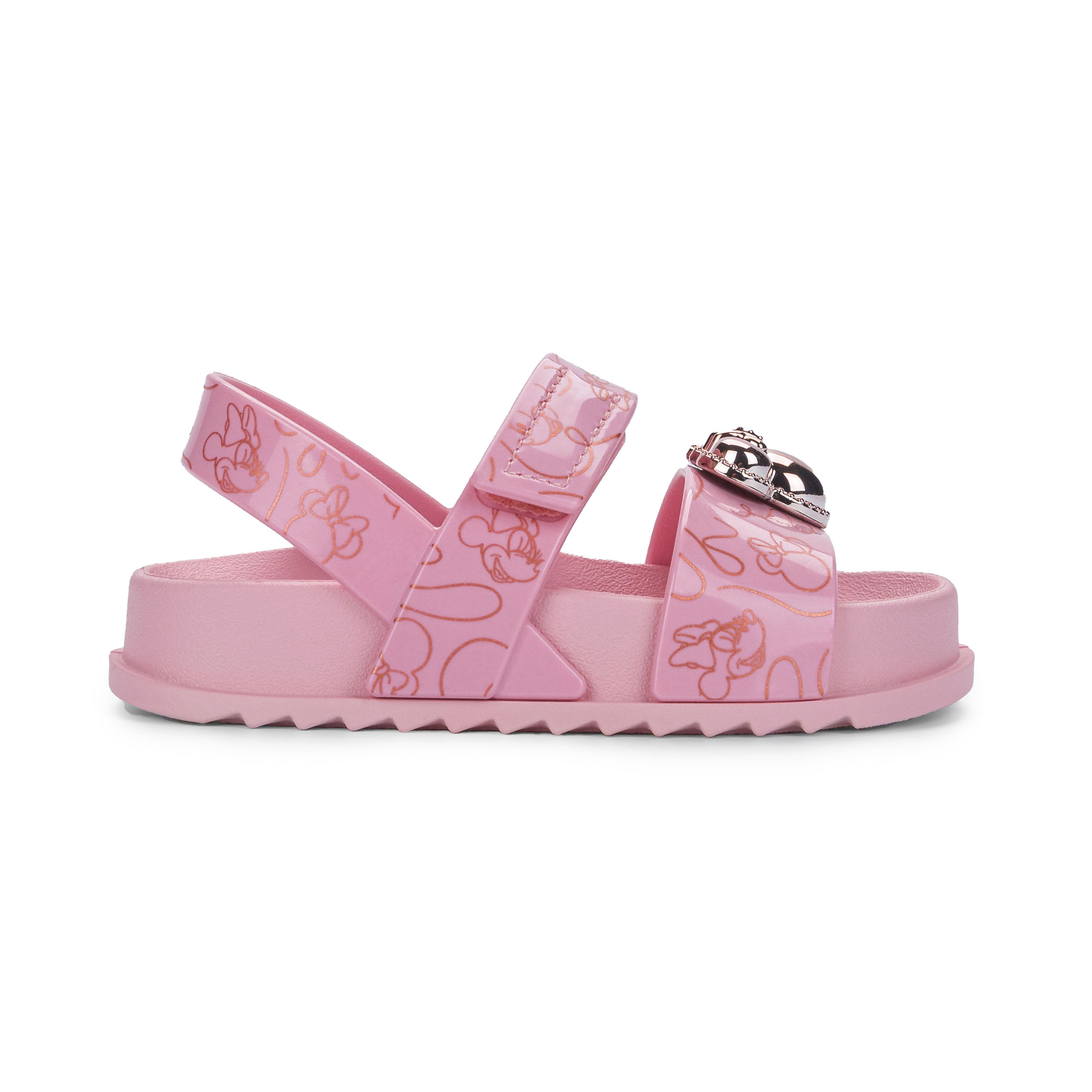 Sandália papete infantil feminina Grendene rosa médio com estampa Minnie Disney e fechamento em velcro